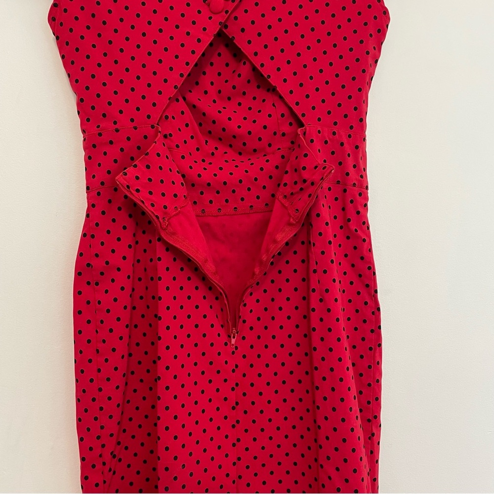 HELL BUNNY VIXEN Sandy Pencil Dress Red Polka Dot Retro Rockabilly Pinup US M 10 - Picture 14 of 16